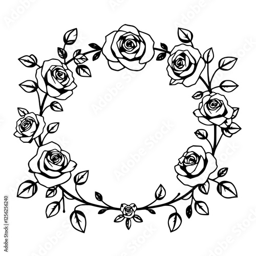 Rose Wreath: A black and white drawing of a wreath containing roses and leaves.