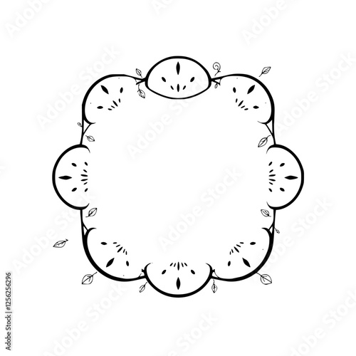Minimalist black and white illustration featuring a circular arrangement of sliced watermelon and leaves, creating a symmetrical, artful design.