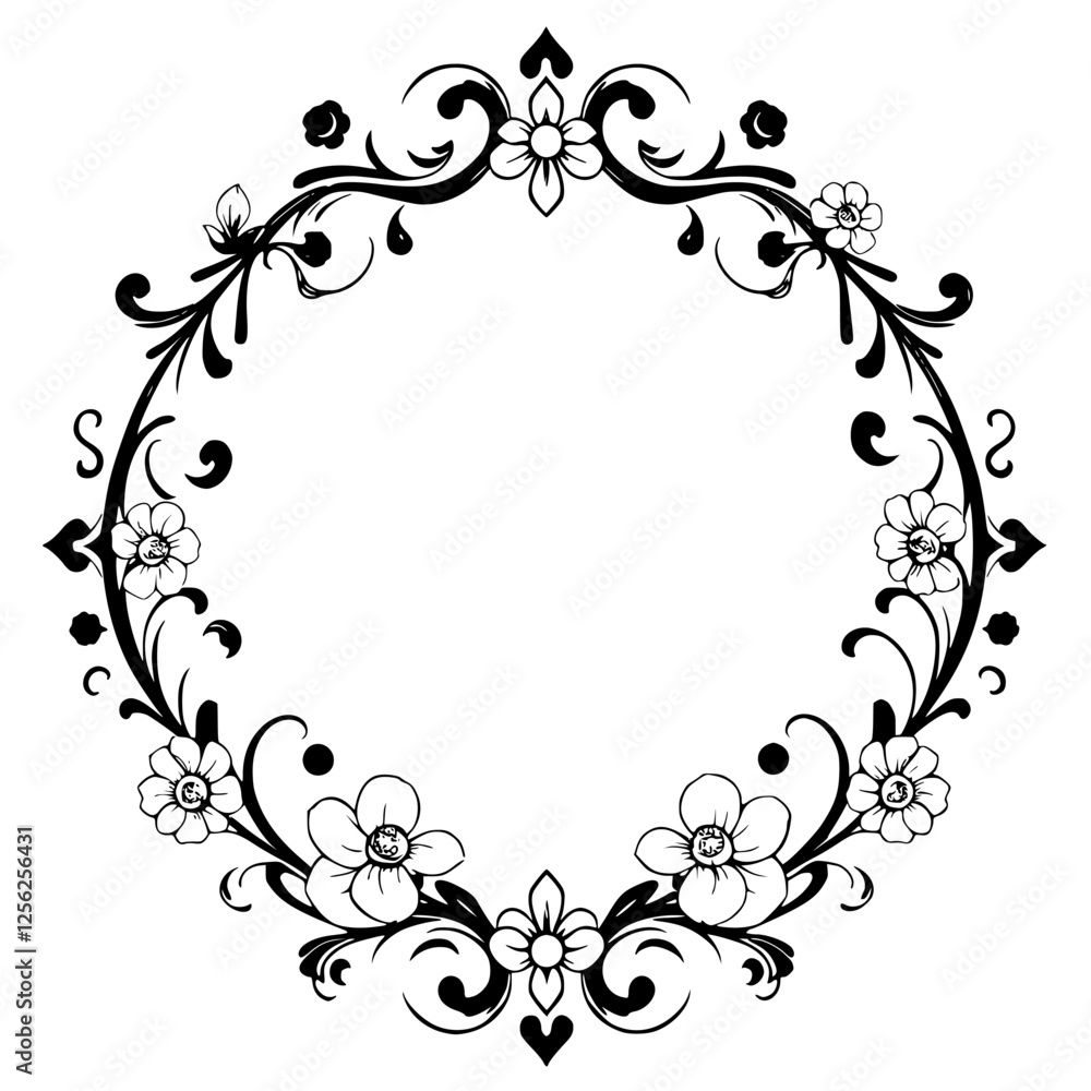 Black and White Floral Oval Frame Border, Decorative Design, Artistic with Flowers and Vines, Minimalist Illustration. Black and White Floral Oval Frame Border, Decorative Design, Artistic with Flowers and Vines, Minimalist Illustration.