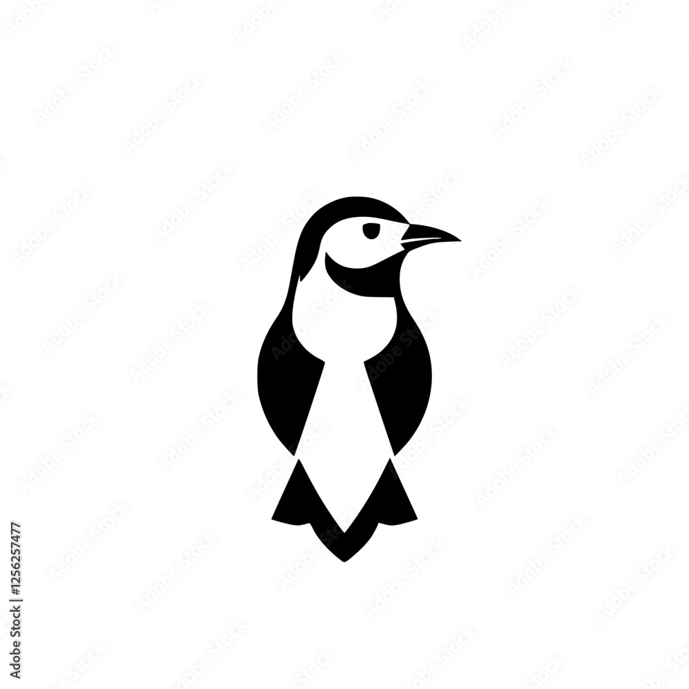 Fototapeta premium A black and white logo featuring a stylized penguin facing right with a sleek, minimalist design, set against a bright white background.