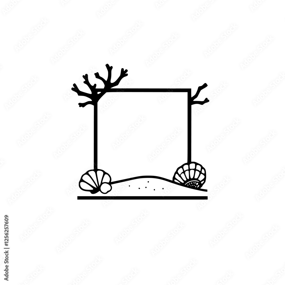 Fototapeta premium Minimalist black and white design featuring a square border, seashells, coral, and a beachy theme.