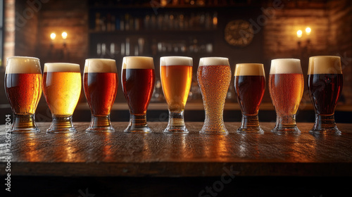 Nine distinct types of craft beer arranged neatly on a rustic wooden bar, highlighting various colors and styles in a warm, inviting room photo