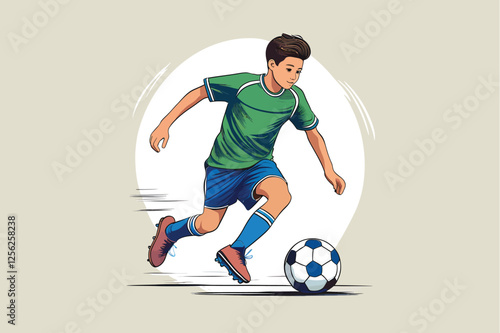 A boy in blue shorts and a green jersey dribbling a football with skill, bold and minimal design Ill (3)