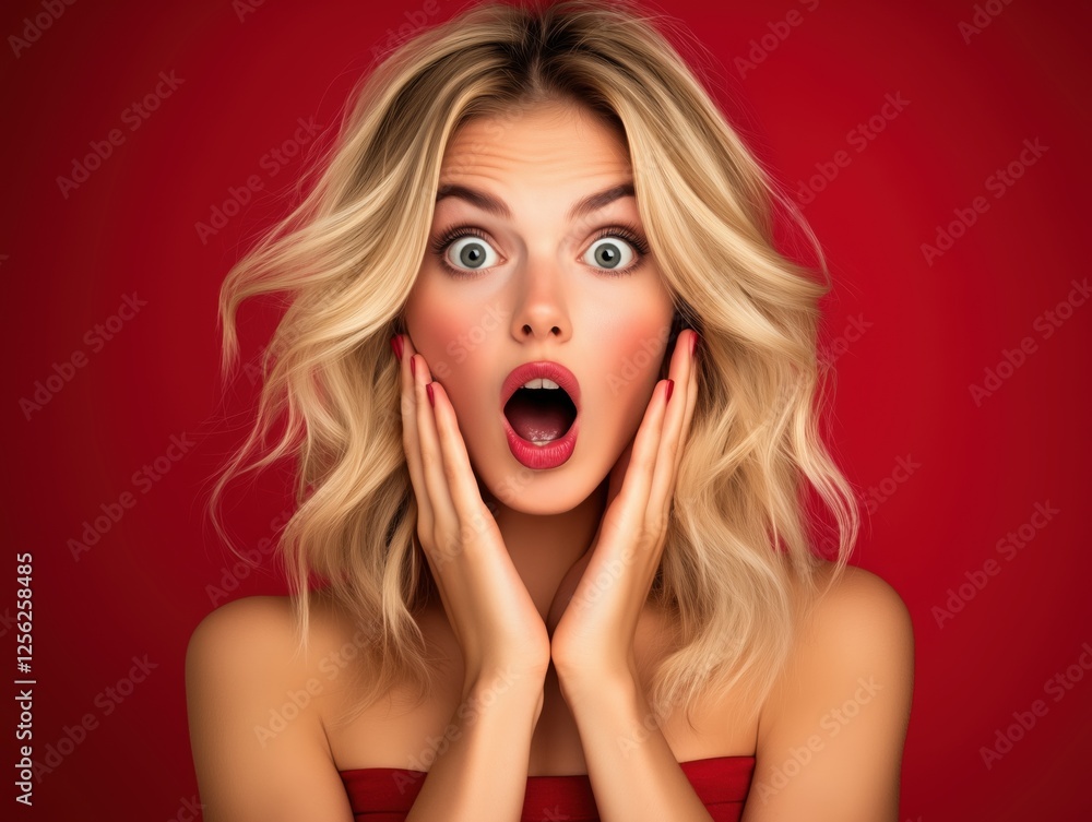Blonde woman displays surprise with open mouth and hands on face against a vibrant red background Blonde woman displays surprise with open mouth and hands on face against a vibrant red background