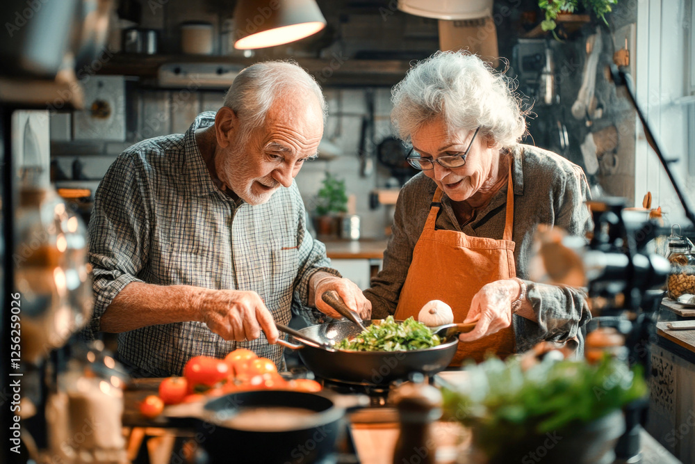 An elderly couple joyfully prepares a meal in their warm kitchen, sharing tips and filming for their food vlog, surrounded by fresh ingredients An elderly couple joyfully prepares a meal in their warm kitchen, sharing tips and filming for their food vlog, surrounded by fresh ingredients