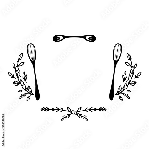 A black and white illustration depicting silverware and botanical elements.