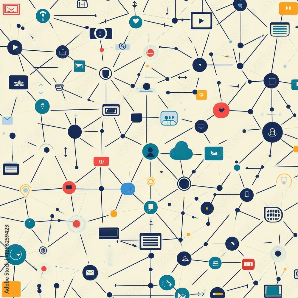 Network of technology icons with connected digital communication nodes Network of technology icons with connected digital communication nodes