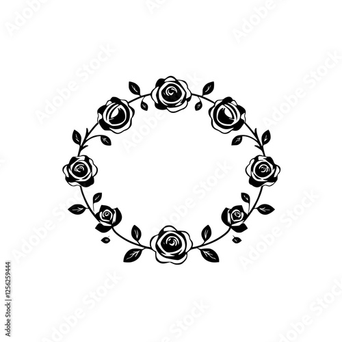 Black and white image of a circle design composed of a wreath of roses with leaves and branches.
