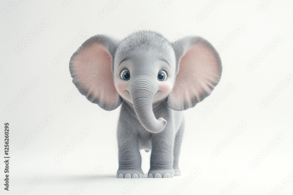 Fototapeta premium A cheerful baby elephant with oversized ears standing adorably on a white background Generative AI