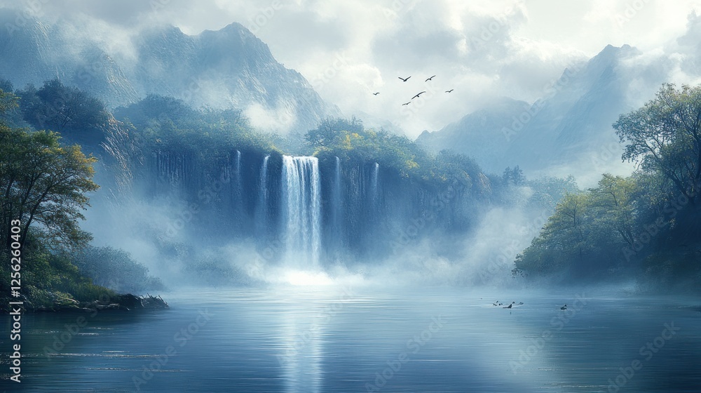 Fototapeta premium Misty Mountain Waterfall on Calm Lake