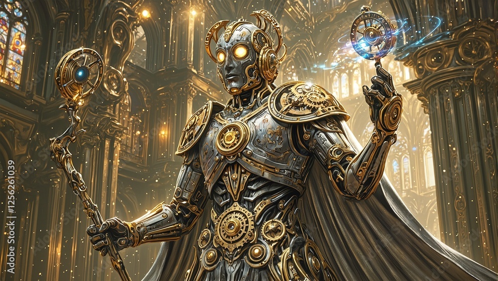 Fototapeta premium A majestic Mechanical Prophet in a Clockwork Cathedral Gleaming bronze and steel adorned with celestial symbols under a cathedral of gears and light