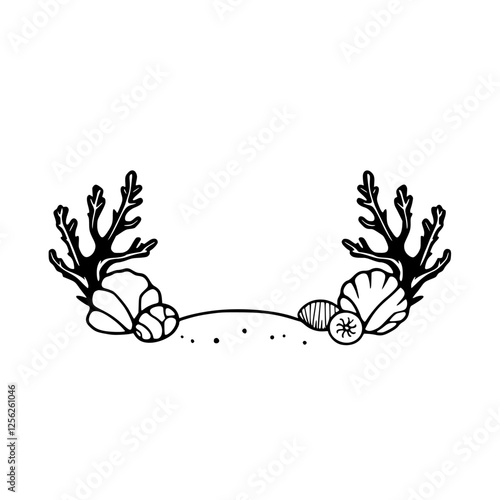 Minimalist Sea Life Design: Black and White Illustration with Coral, Shells, and Sand