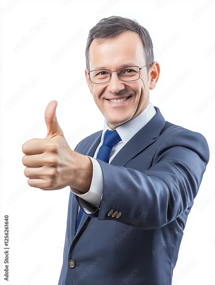 Happy businessman gives thumbs up gesture with one hand, isolated on white background for promotional use and positive messaging Happy businessman gives thumbs up gesture with one hand, isolated on white background for promotional use and positive messaging