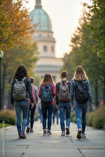 The image shows a group of students walking on a sidewalk, with backpacks on, heading towards a domed building in the background