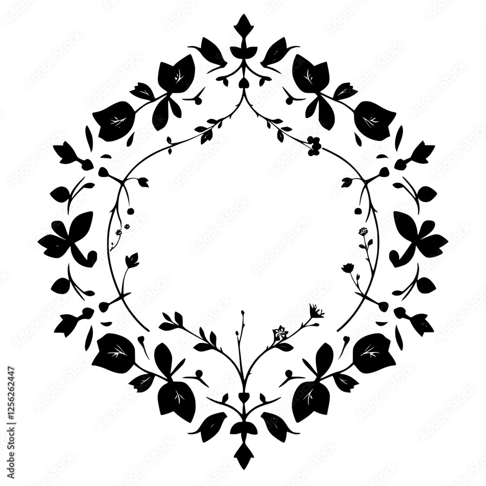 Naklejka premium Elegant Black Floral Illustration of a Decorative Wreath Frame