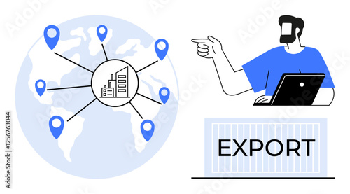 Man at laptop pointing, export container, world map with location pins connected to factory. Ideal for global trade, logistics, supply chain, export business, international shipping, market