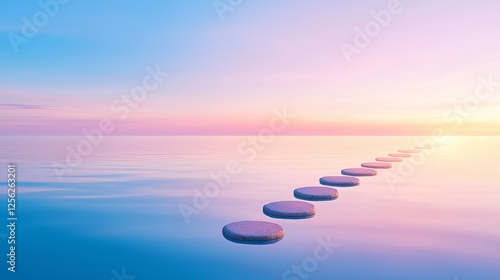 Serene scene with stepping stones leading across still water at sunset, creating a tranquil atmosphere.