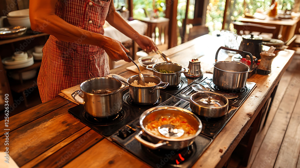 A womans hands expertly prepare a delicious meal on a rustic wooden kitchen counter. Multiple pots simmer on a builtin electric cooktop, filled with vibrant vegetables and rice. A womans hands expertly prepare a delicious meal on a rustic wooden kitchen counter. Multiple pots simmer on a builtin electric cooktop, filled with vibrant vegetables and rice.