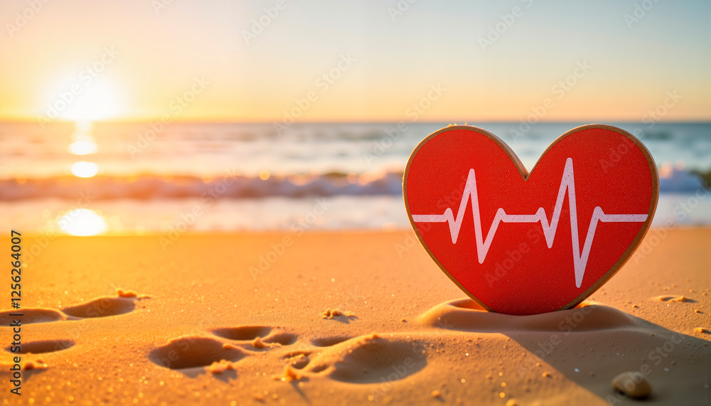 Heart with ECG line on sandy beach at sunset, symbol of vitality, copy space Heart with ECG line on sandy beach at sunset, symbol of vitality, copy space