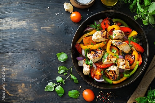 Grilled chicken breast with bell peppers and onions in a skillet.
