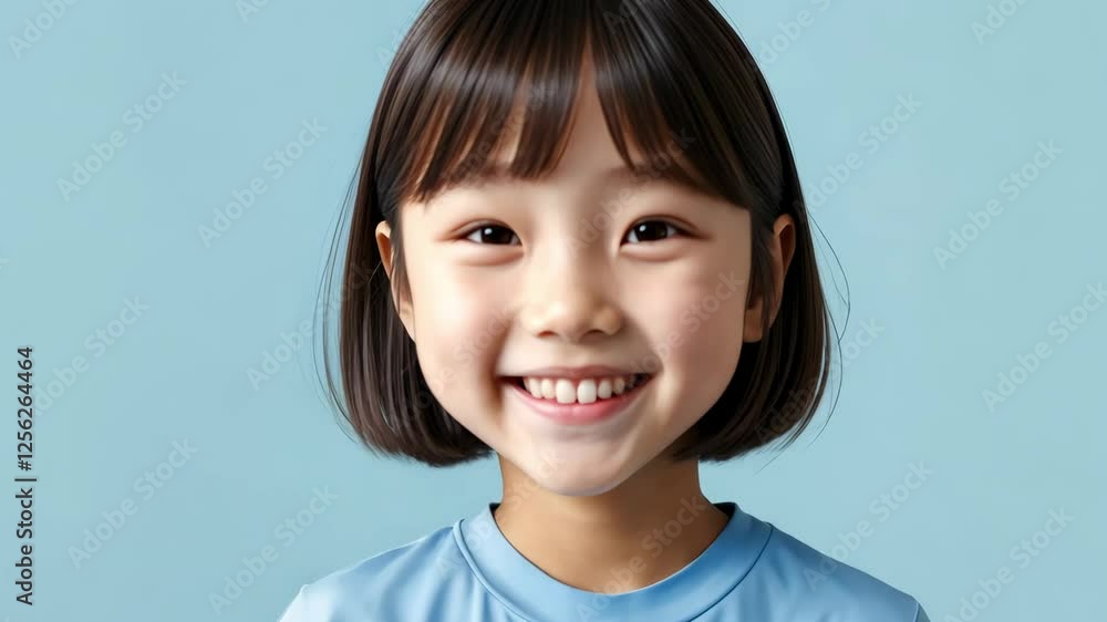 Smiling Asian young girl with short hair in light blue t-shirt on light blue background Smiling Asian young girl with short hair in light blue t-shirt on light blue background