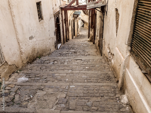 Casbah of Algiers, known as the Casbah, Narrow streets of old city of Algiers or the old city, Capital of Algeria, UNESCO World Heritage Site.houses in old town kasbah of Algeria With wooden balconies