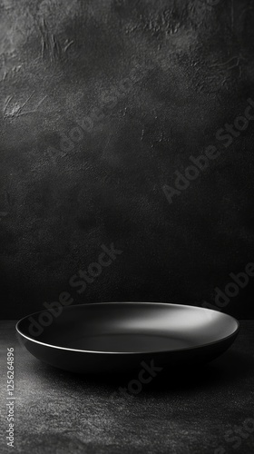Black ceramic plate on dark textured background with dramatic lighting, minimalist food presentation concept