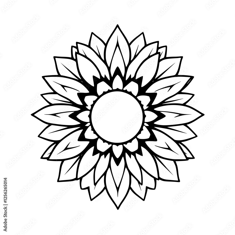 Naklejka premium Bold, black-and-white sunflower graphic; showing centered composition with a minimalist approach.