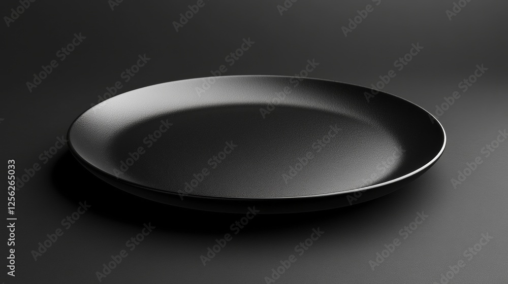 Black empty ceramic plate on dark background with minimalist design and soft lighting Black empty ceramic plate on dark background with minimalist design and soft lighting