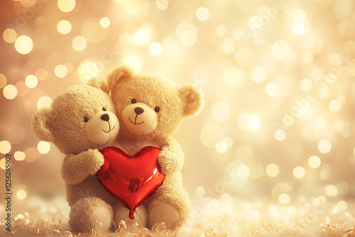 Wallpaper Mural Two adorable teddy bears holding a red heart against a soft, glowing background of lights Torontodigital.ca