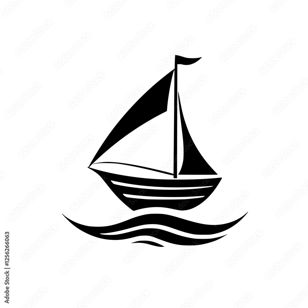 Minimalist monochrome sailboat floating on stylized waves. Minimalist monochrome sailboat floating on stylized waves.