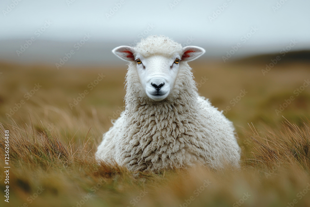 a white sheep sitting in a grassy field. Its thick and fluffy wool is slightly soiled with particles of earth and grass. a white sheep sitting in a grassy field. Its thick and fluffy wool is slightly soiled with particles of earth and grass.