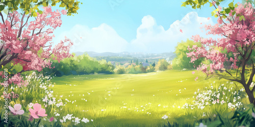 An illustration of a spring meadow with blooming flowers