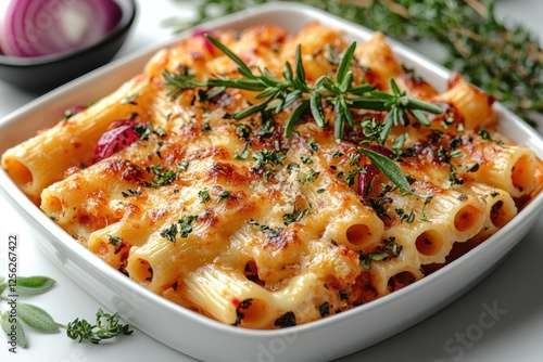 Delicious baked pasta dish topped with cheese and herbs, perfect for a comforting meal. Ideal for food lovers and culinary enthusiasts. photo