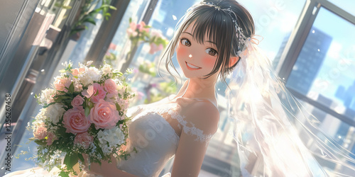 A smiling anime-style bride in a white wedding dress