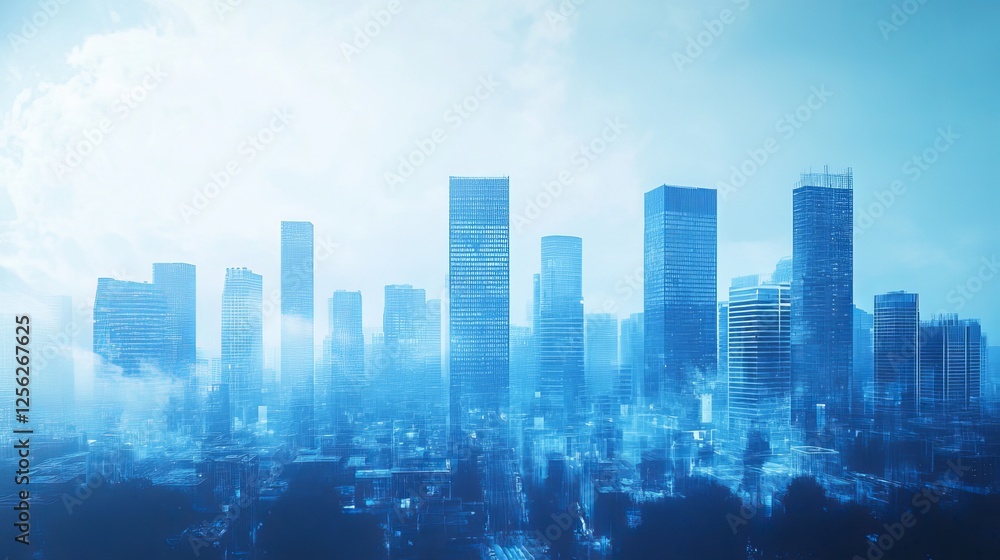 A blue and white picture of a city of the future. A blue and white picture of a city of the future.