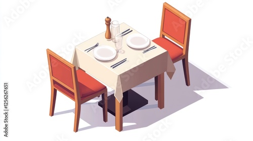 Isometric restaurant table setting, two chairs, elegant, interior. Possible use Stock photo for restaurant menu design, promotional materials, interior design photo