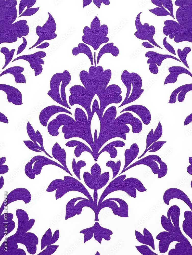 Fototapeta premium Elegant Purple Damask Wallpaper Texture - A luxurious and sophisticated damask pattern in rich purple on a crisp white background. Symbolizing elegance, , tradition, sophistication