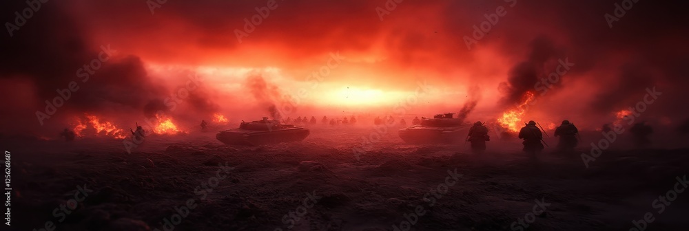 Soldiers advancing through battlefield amid explosions at sunset Soldiers advancing through battlefield amid explosions at sunset