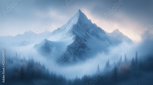 Misty mountain peak, serene forest backdrop photo