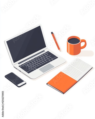 Isometric Workspace: Laptop, Smartphone, Notebook, Coffee Mug, and Pen on White Background for Digital Productivity