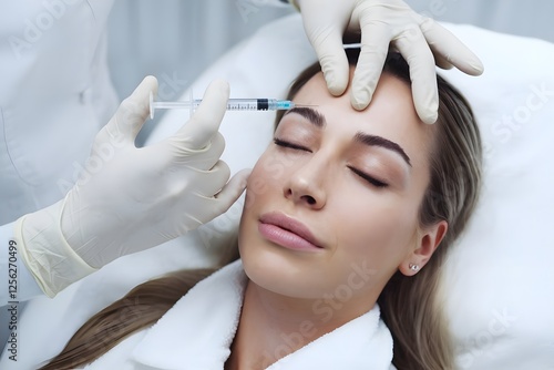 Botox injection procedure performed on a woman's forehead.