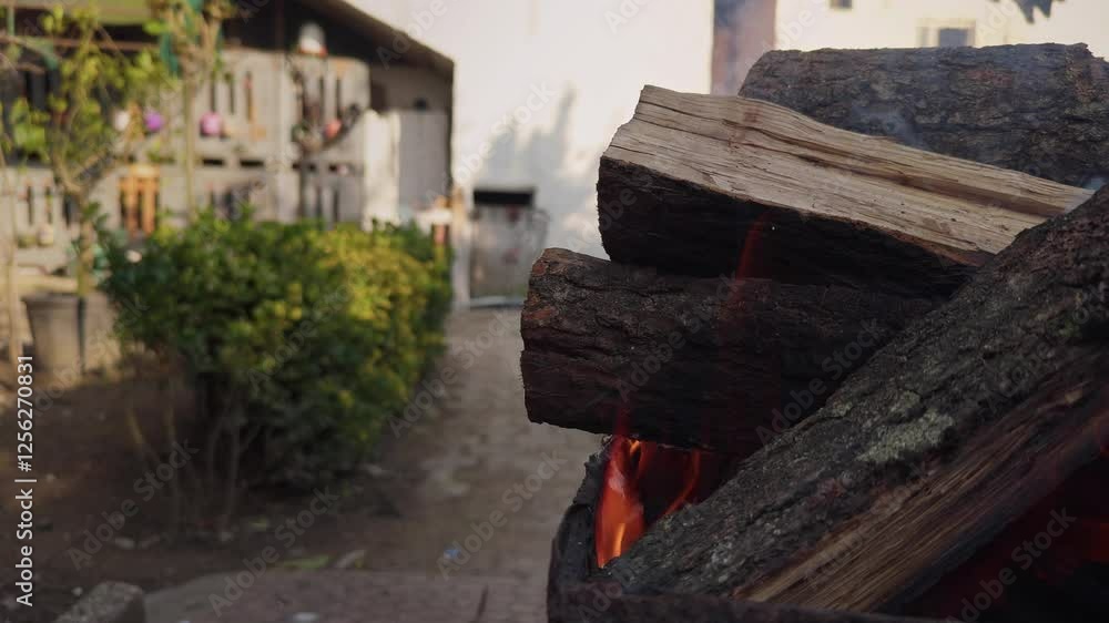 Burning Oak Wood in a Farmhouse Garden Burning Oak Wood in a Farmhouse Garden