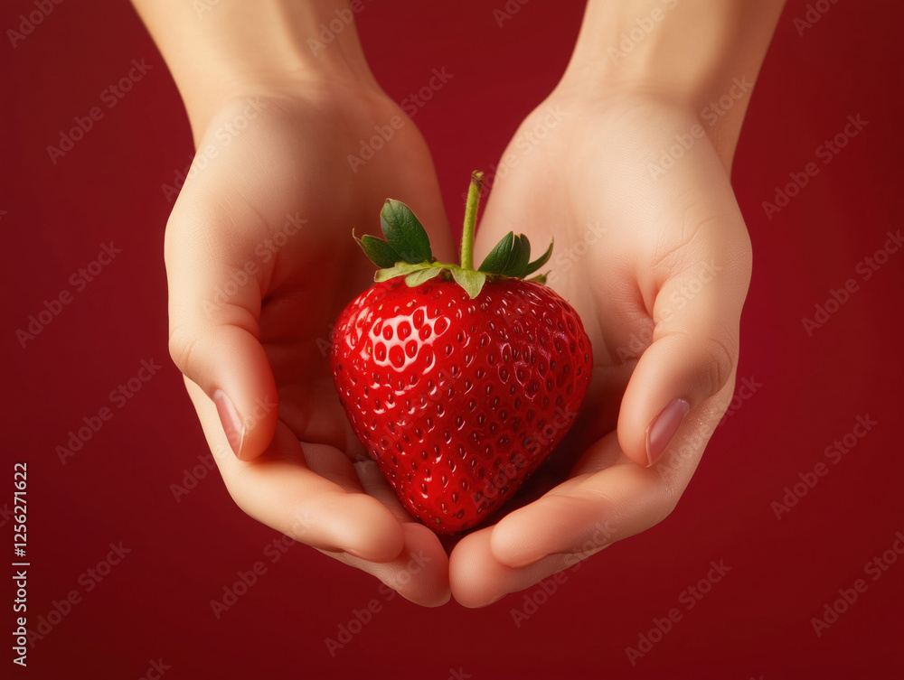 Obraz premium Hands gently covering a vibrant strawberry against a red background showcasing freshness and care in an isolated setting