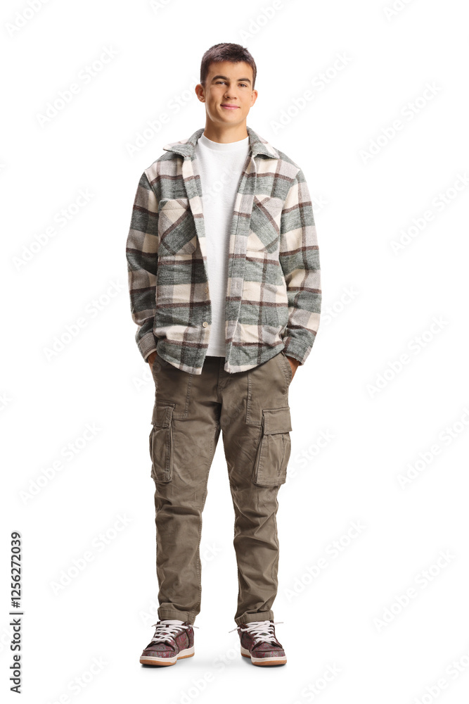 Fototapeta premium Full length portrait of a guy in checkered shirt