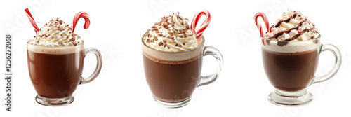 Set of A tall glass mug of peppermint mocha topped with whipped cream and crushed peppermint candy on transparent png background