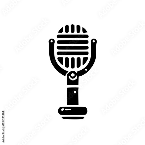 Minimalist black and white illustration of a vintage microphone, isolated on white, clean background.