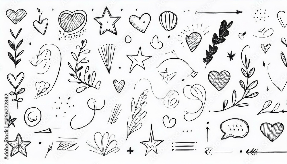 Obraz premium líneas de dibujo estrella, flecha, elemento de decoración del corazón icono conjunto. Dibujo a mano dibujado doodle linda estrella, énfasis, elemento de flor. Icono de forma de decoración