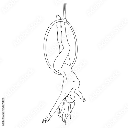 Aerial hoop performer gracefully hangs upside down, showcasing balance, strength, and elegance. This minimalist vector line art captures the essence of acrobatics, dance, and circus arts