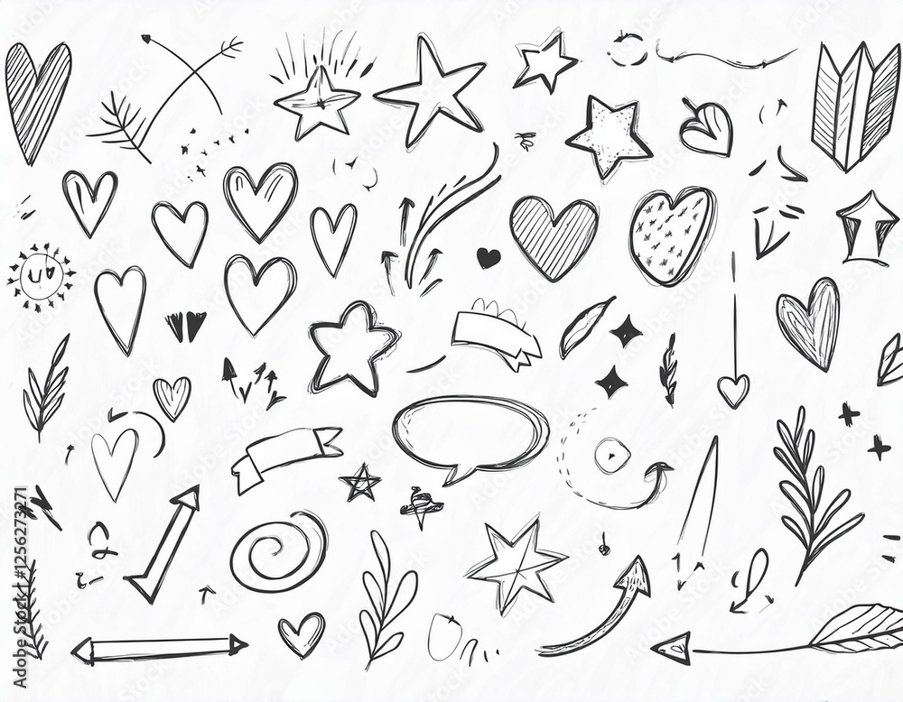Fototapeta premium líneas de dibujo estrella, flecha, elemento de decoración del corazón icono conjunto. Dibujo a mano dibujado doodle linda estrella, énfasis, elemento de flor. Icono de forma de decoración